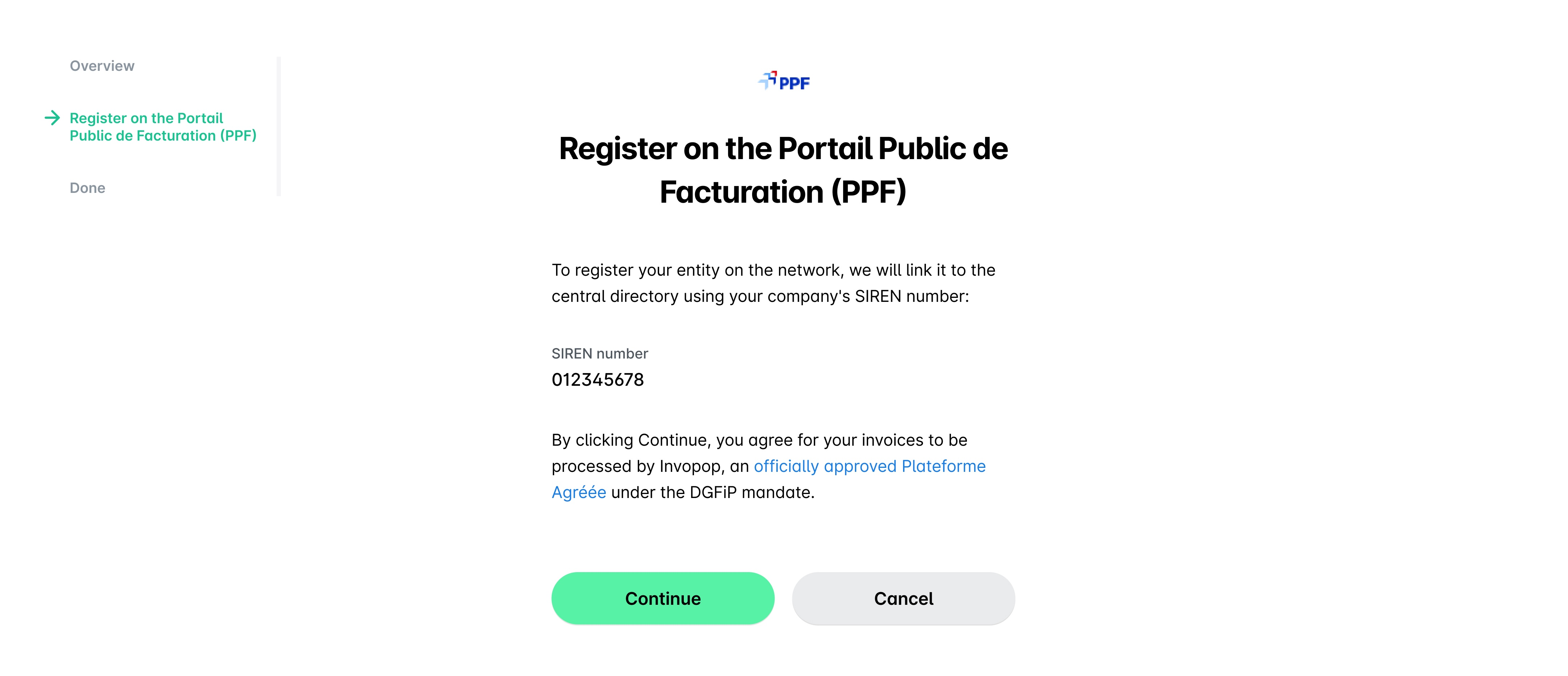 Register on the Portail Public de Facturation (PPF) step with the SIREN number filled in and the Continue button.