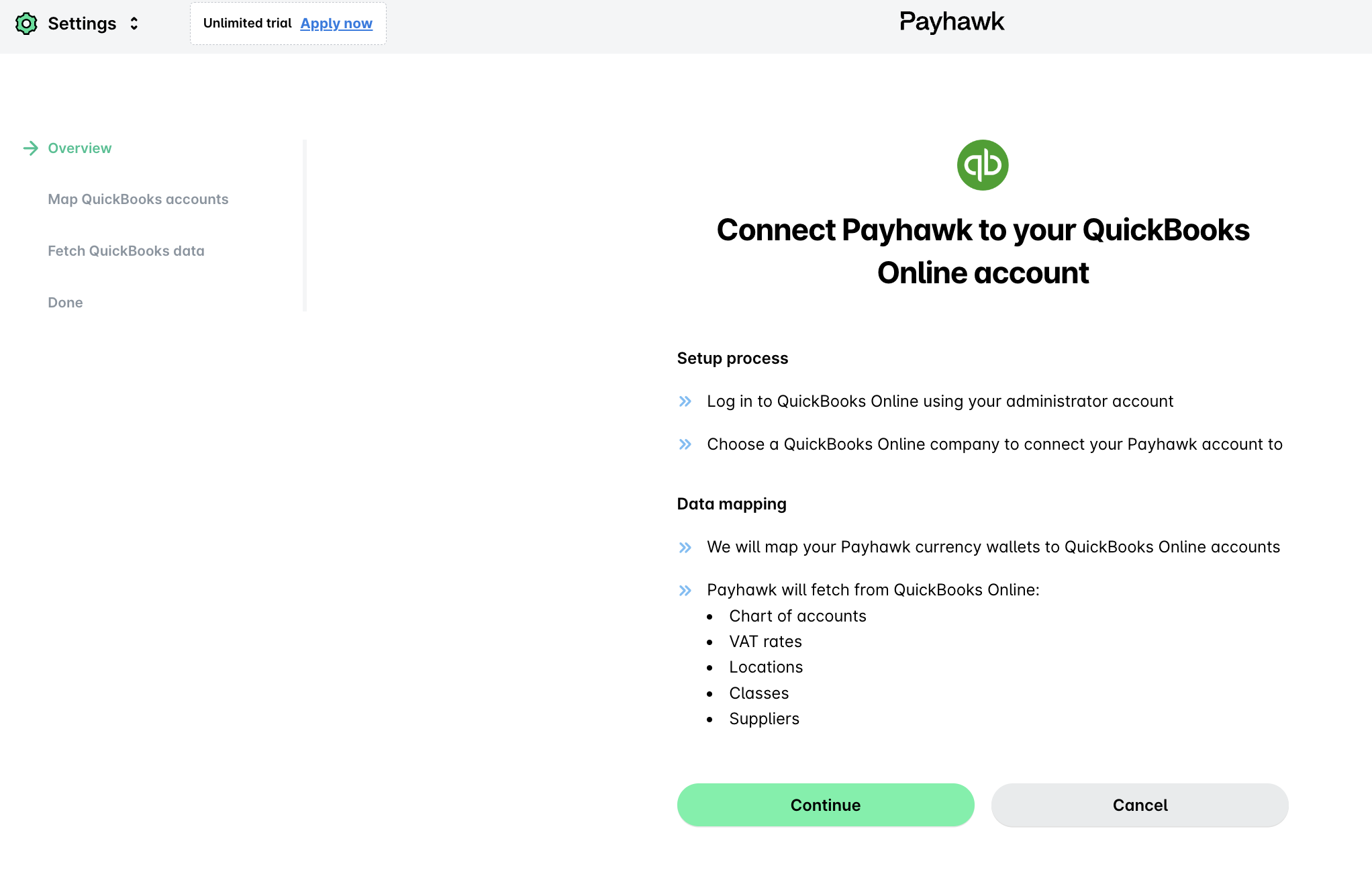 Étape de présentation de la connexion à QuickBooks Online dans Payhawk, avec le processus de configuration, le mappage des données et le bouton Continuer.