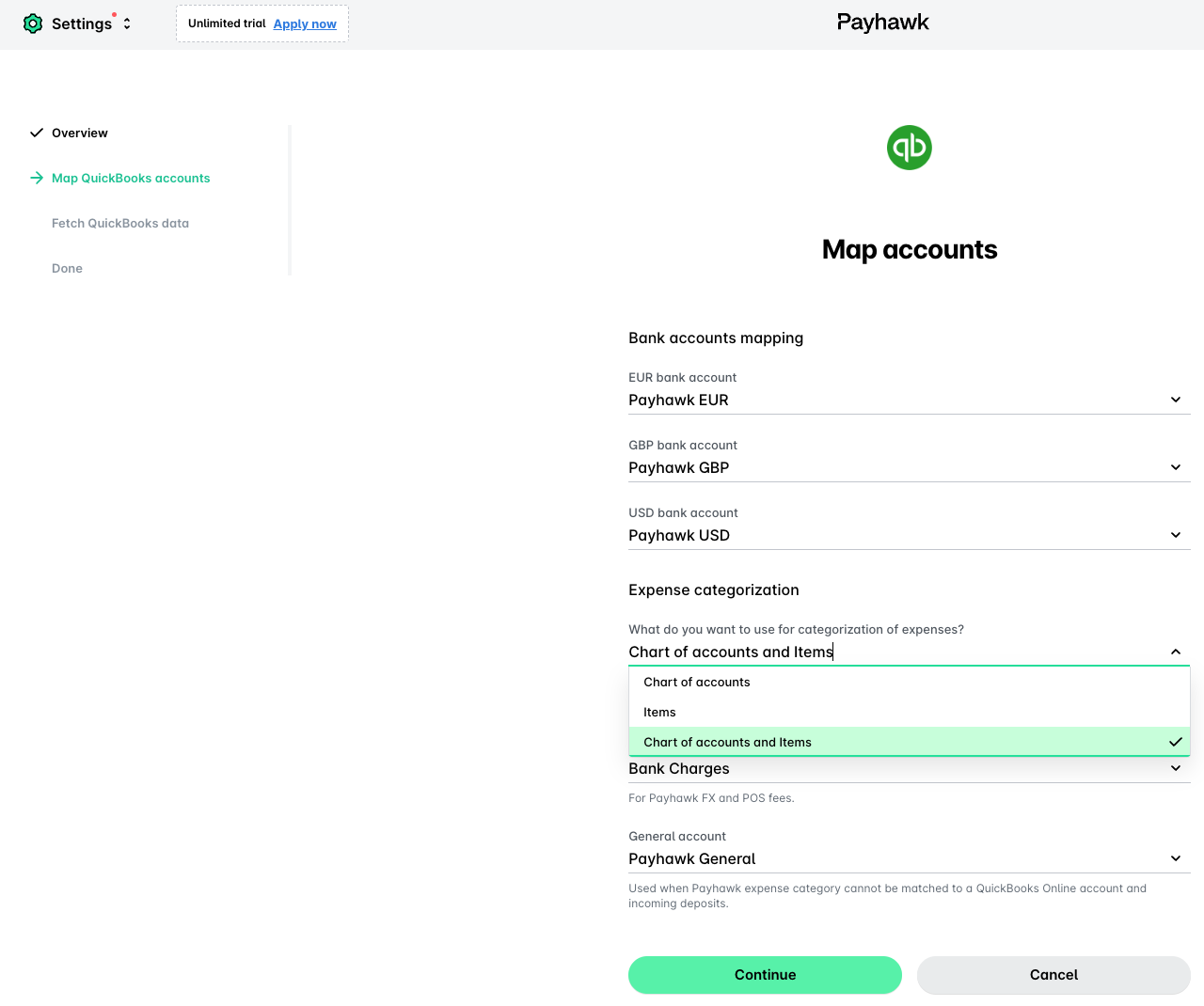 Étape de mappage des comptes de la connexion à QuickBooks Online, avec le mappage des comptes bancaires et les options de catégorisation des dépenses.
