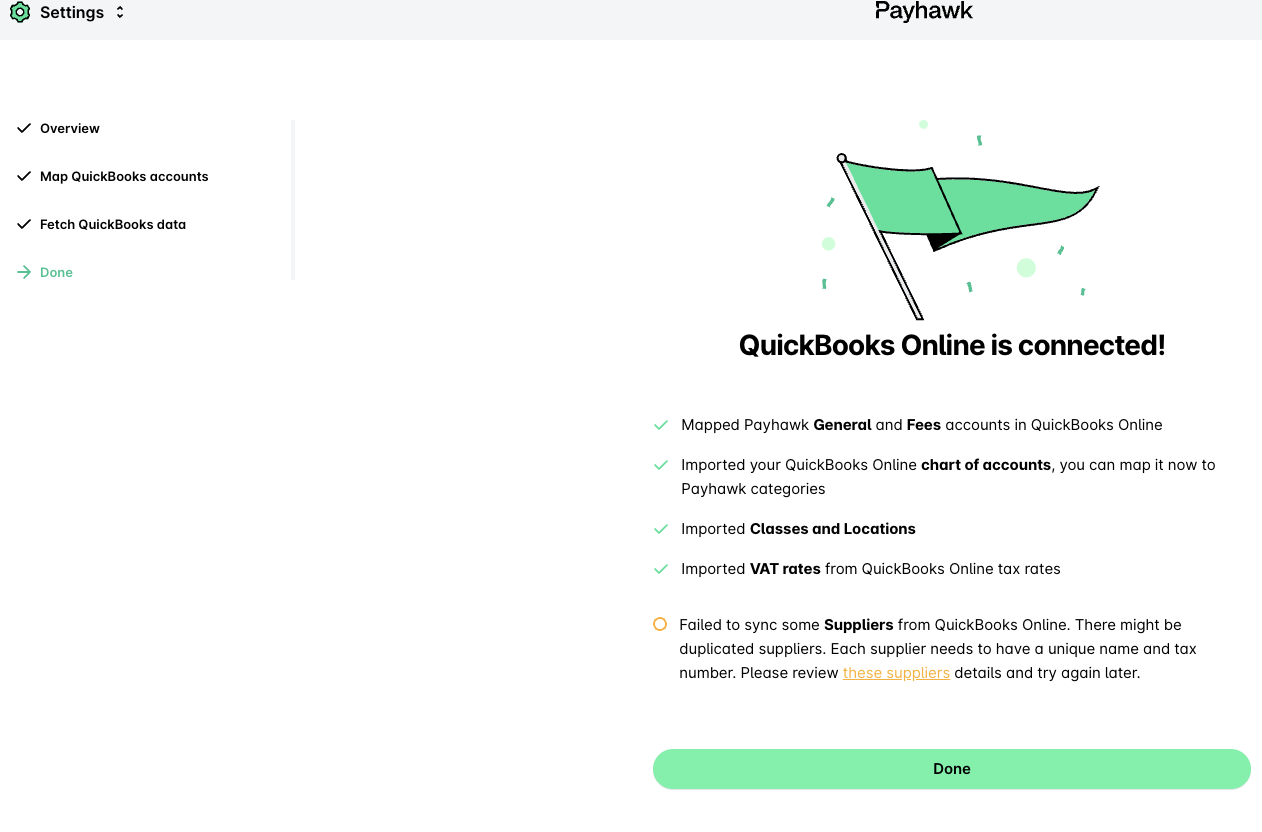 Écran indiquant que QuickBooks Online est connecté, avec la liste des données importées.