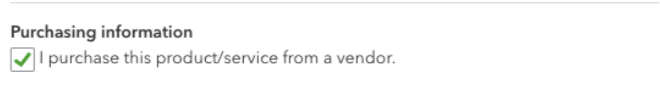 Section des informations d'achat d'un produit ou service QuickBooks Online, avec l'option d'achat auprès d'un fournisseur sélectionnée.