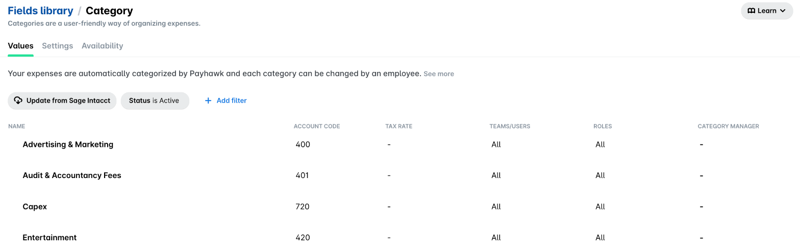Categorie in de Payhawk-veldenbibliotheek met de knop bijwerken vanuit Sage Intacct en de rekeningcodes uit Sage Intacct.