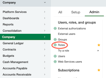 Menu Bedrijf in Sage Intacct met Rollen onder Gebruikers, rollen en groepen op het tabblad Admin.