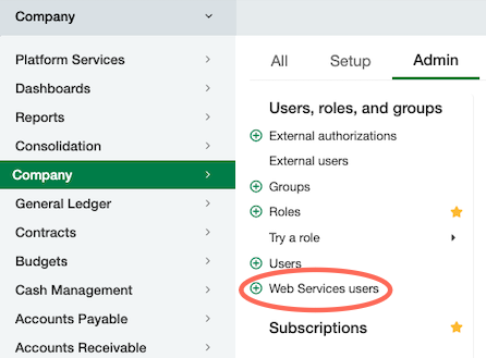 Menu Bedrijf in Sage Intacct met Webservicegebruikers onder Gebruikers, rollen en groepen op het tabblad Admin.