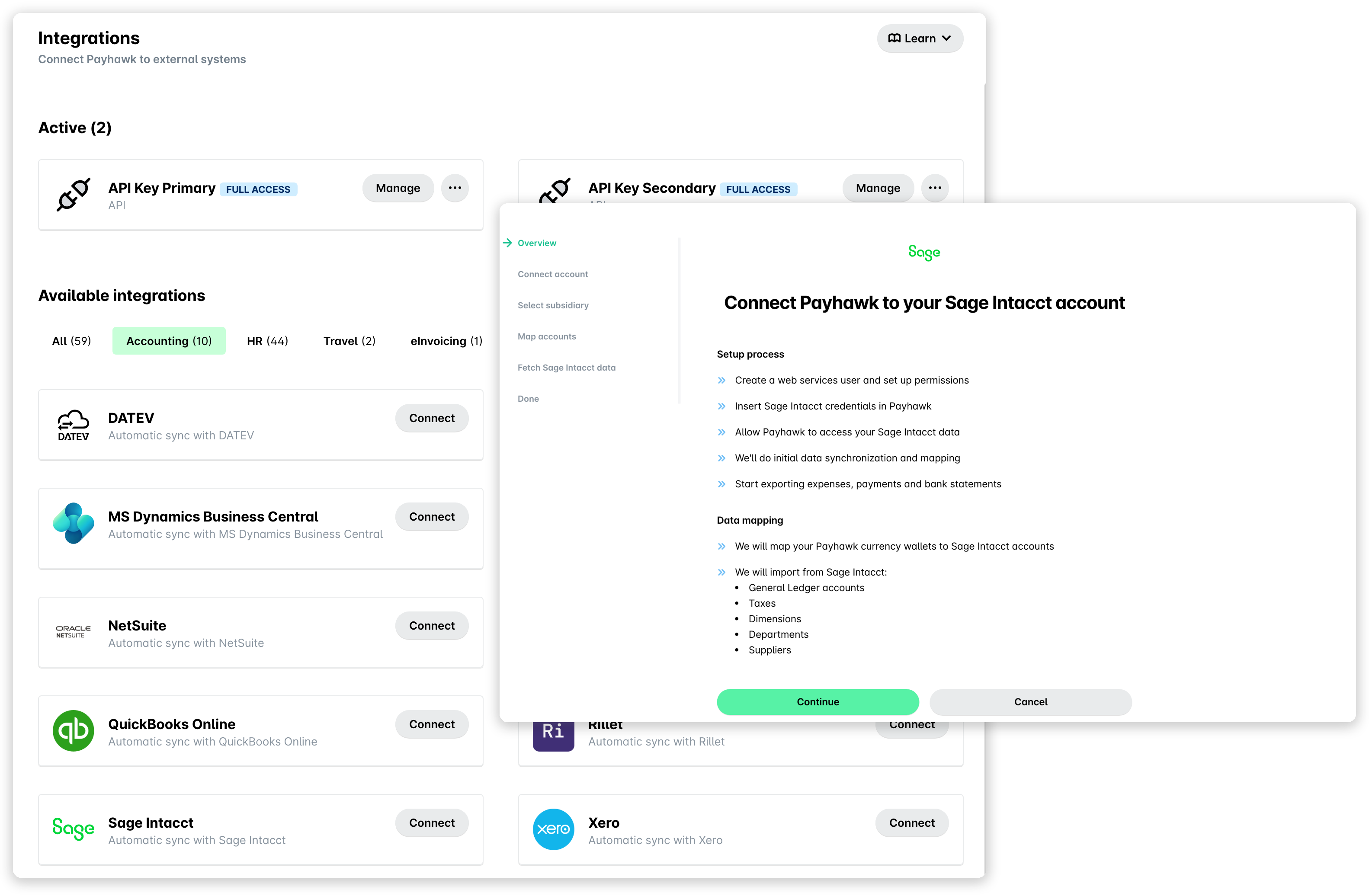 Integraciones contables en los ajustes de Payhawk con la tarjeta de Sage Intacct y el paso de resumen de la configuración de la conexión con Sage Intacct.