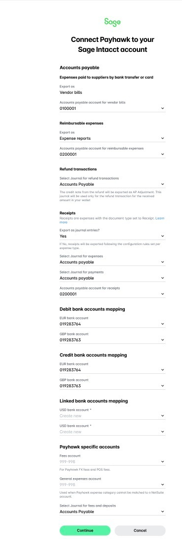 Paso de asignación de cuentas en la configuración de Sage Intacct, con la asignación de cuentas por pagar, recibos y cuenta bancaria.
