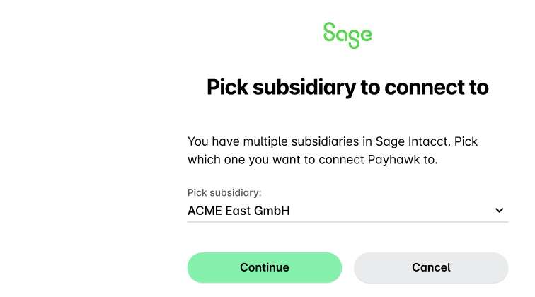 Paso de selección de la filial que se va a conectar en la configuración de Sage Intacct.