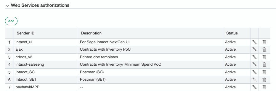 Autorisaties voor webservices in Sage Intacct met de lijst met afzender-ID's.