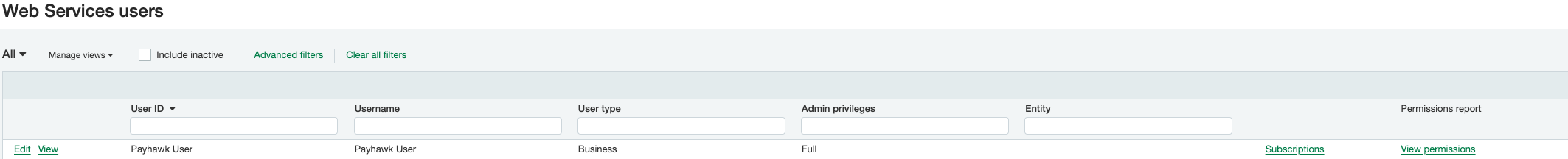 Lijst met webservicegebruikers in Sage Intacct.