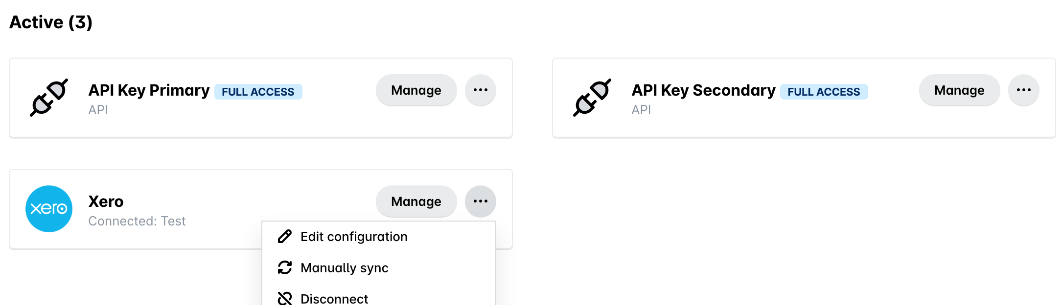 Xero-Karte in den Payhawk-Einstellungen unter Integrationen mit geöffnetem Drei-Punkte-Menü bei Manuell synchronisieren.