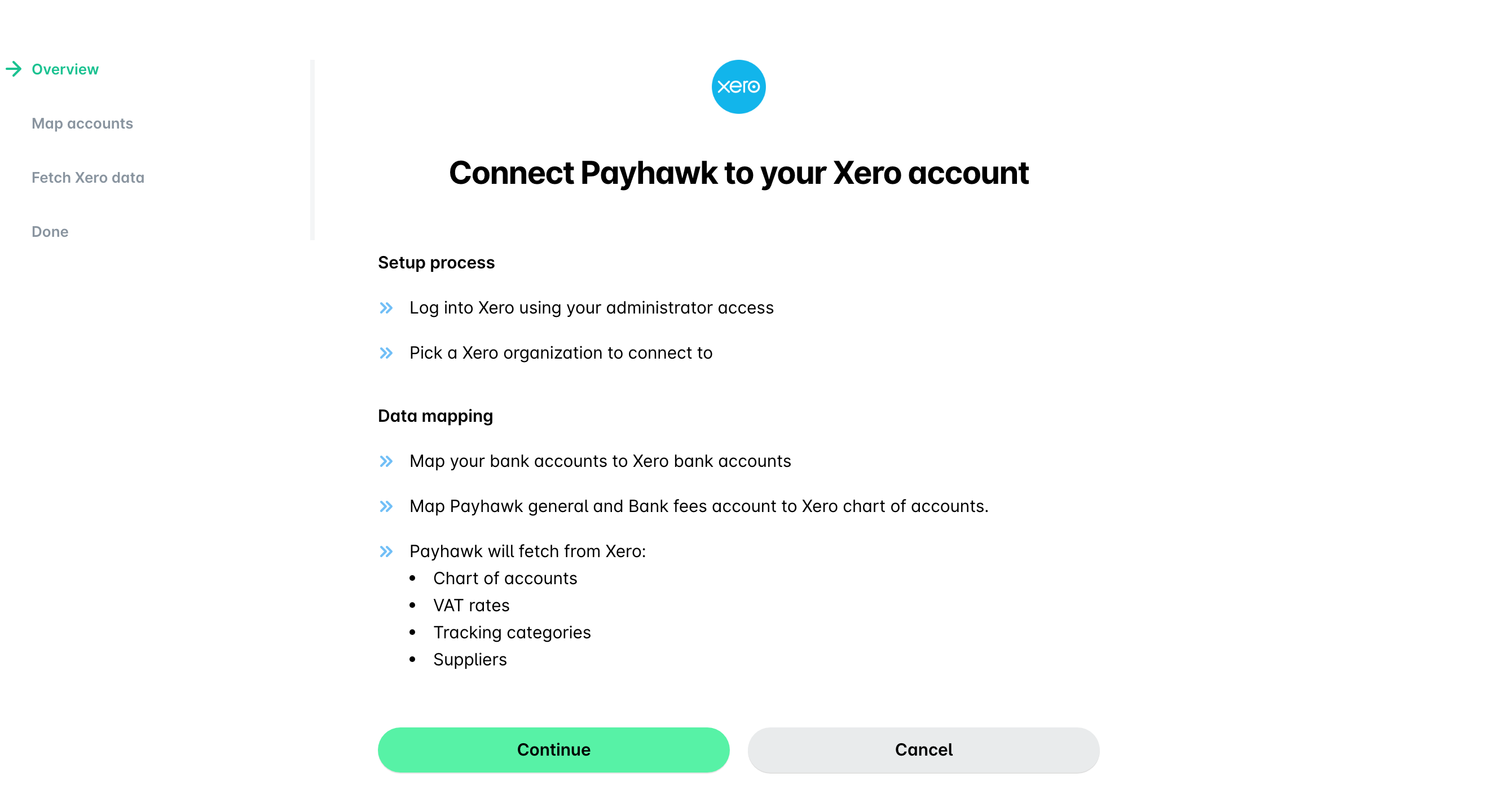 Übersichtsschritt der Einrichtung der Xero-Verbindung in Payhawk mit dem Einrichtungsablauf und den Daten, die Payhawk aus Xero abruft.