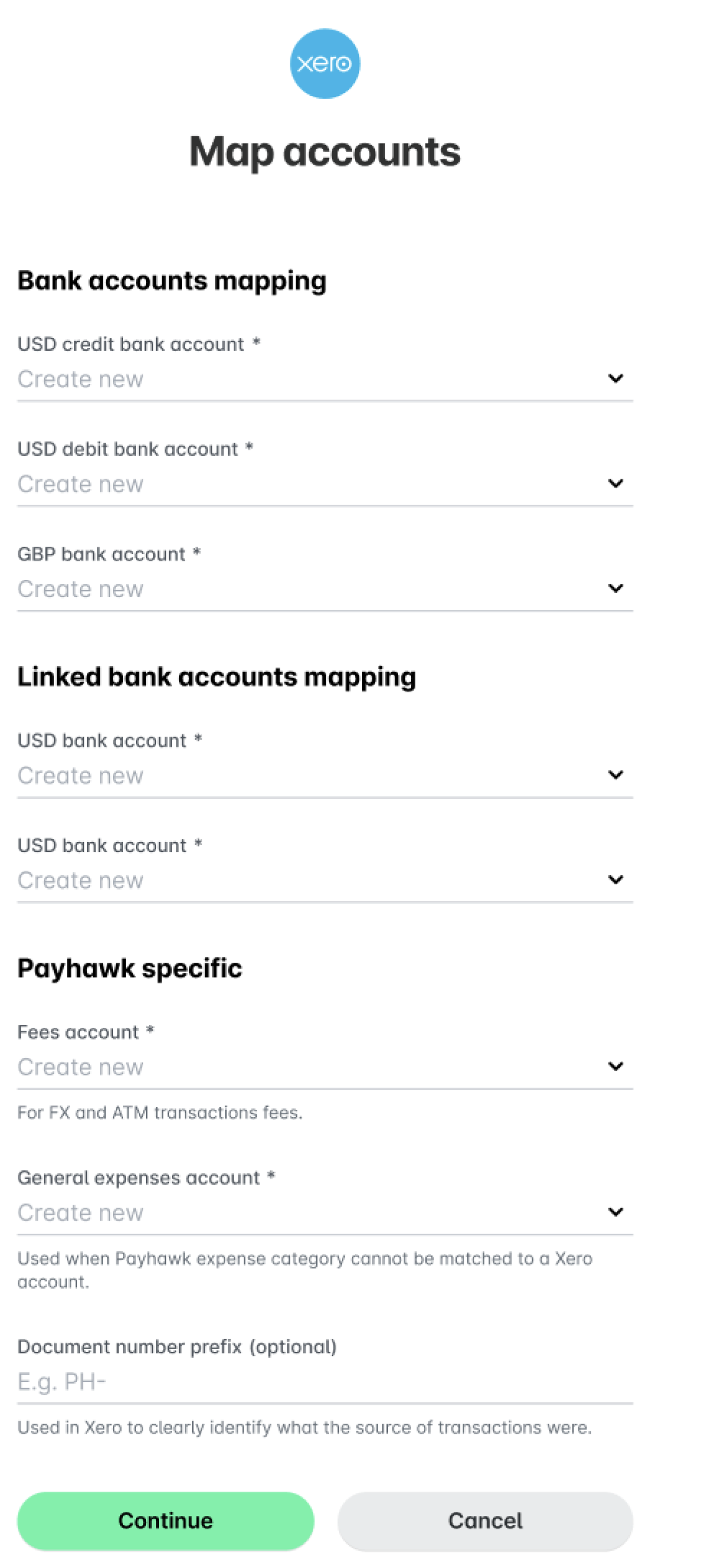 Schritt zur Kontenzuordnung bei der Xero-Einrichtung mit den Feldern für Bankkonten, verknüpfte Bankkonten und Payhawk-spezifische Konten.
