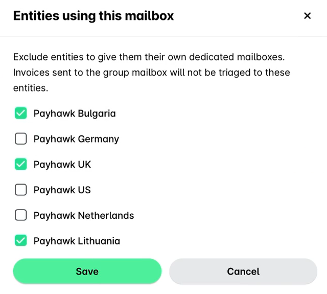 Entities using this mailbox panel with some entities cleared and the Save button.
