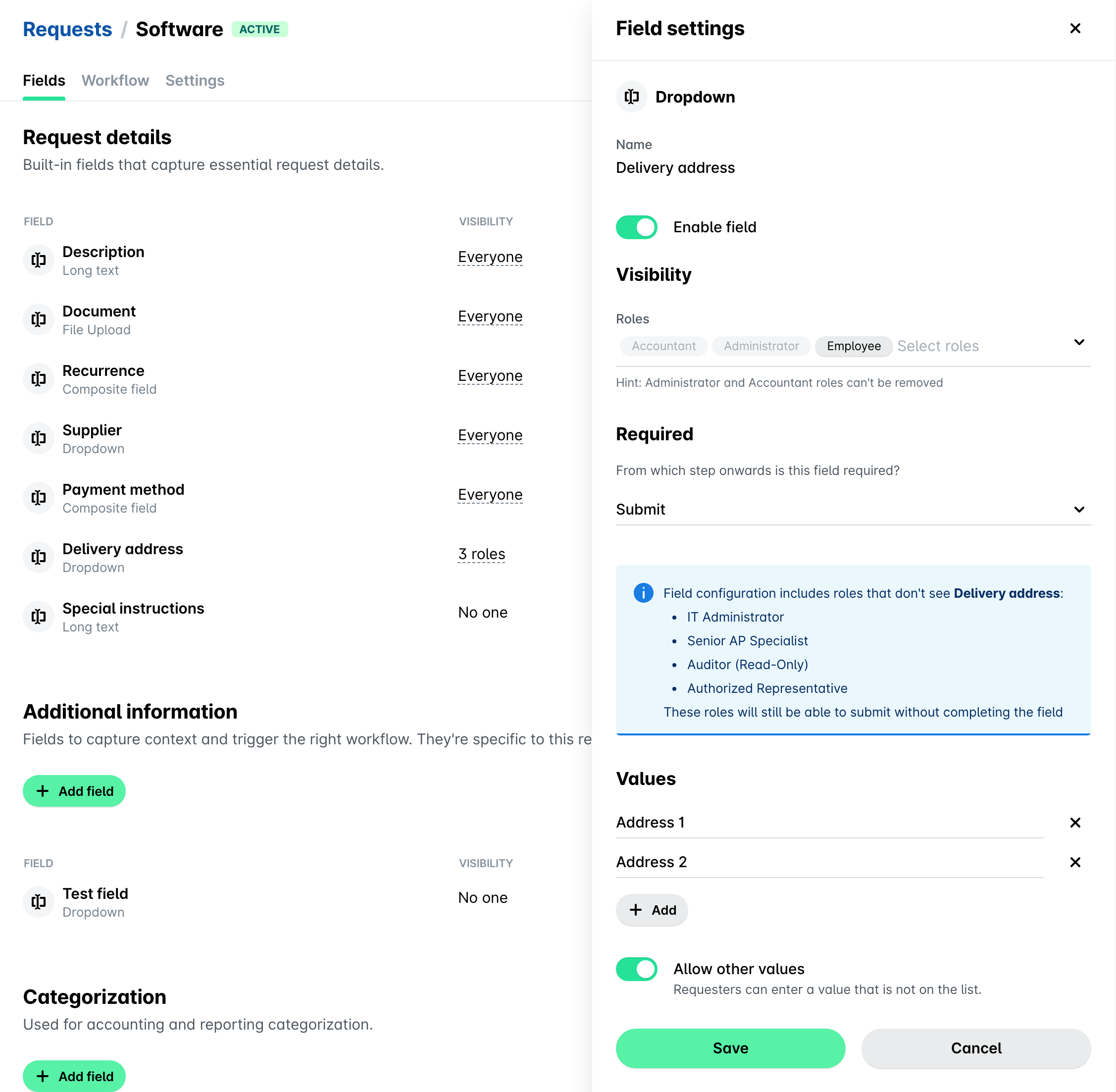 Delivery address field settings with role visibility, the Required drop-down set to Submit, predefined addresses and the Allow other values toggle.