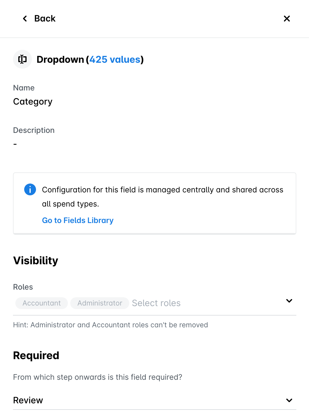 Settings of the Category field added from the Fields library, with visibility roles and the Required drop-down set to Review.