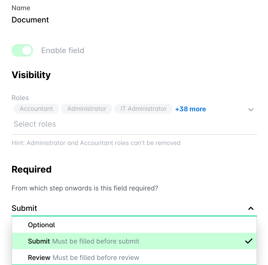 Field settings of the Document field with the Required drop-down open on Submit, showing the Optional, Submit and Review options.