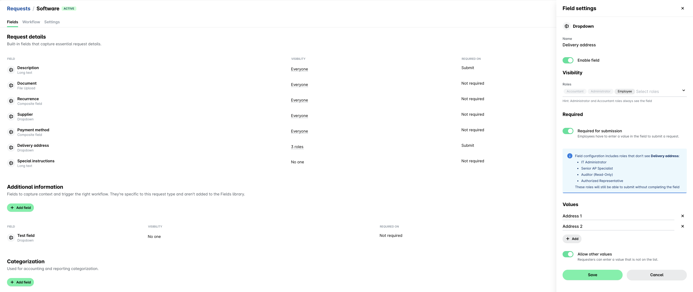 Delivery address field settings panel showing enable, role visibility, required for submission, and predefined address values.