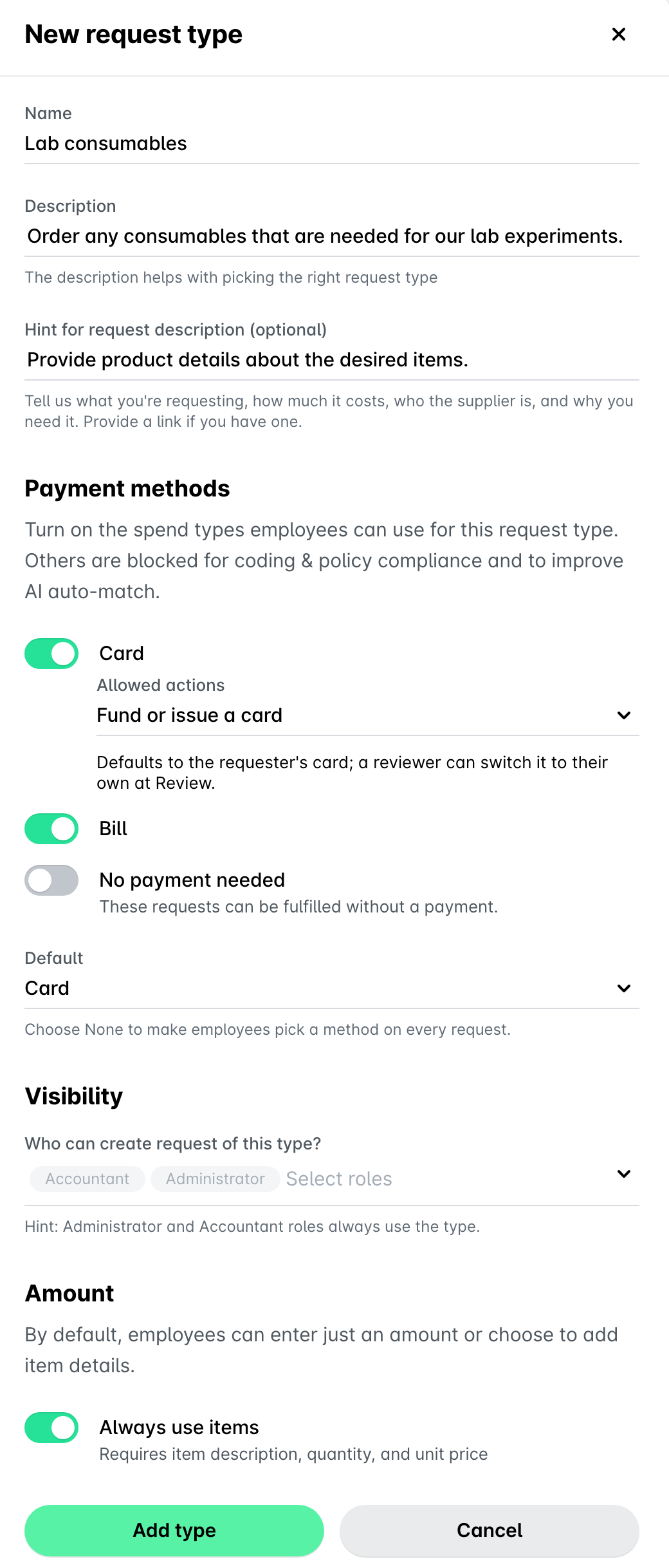 New request type panel with name, description, payment methods, visibility and amount settings.