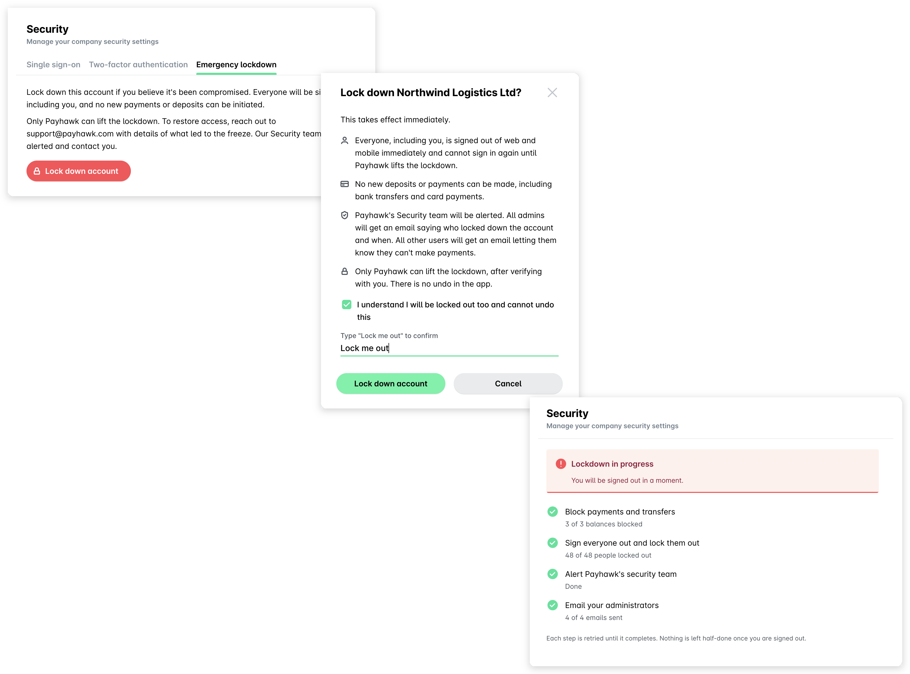 Emergency lockdown tab in Settings > Security, the confirmation dialog, and the Lockdown in progress status.