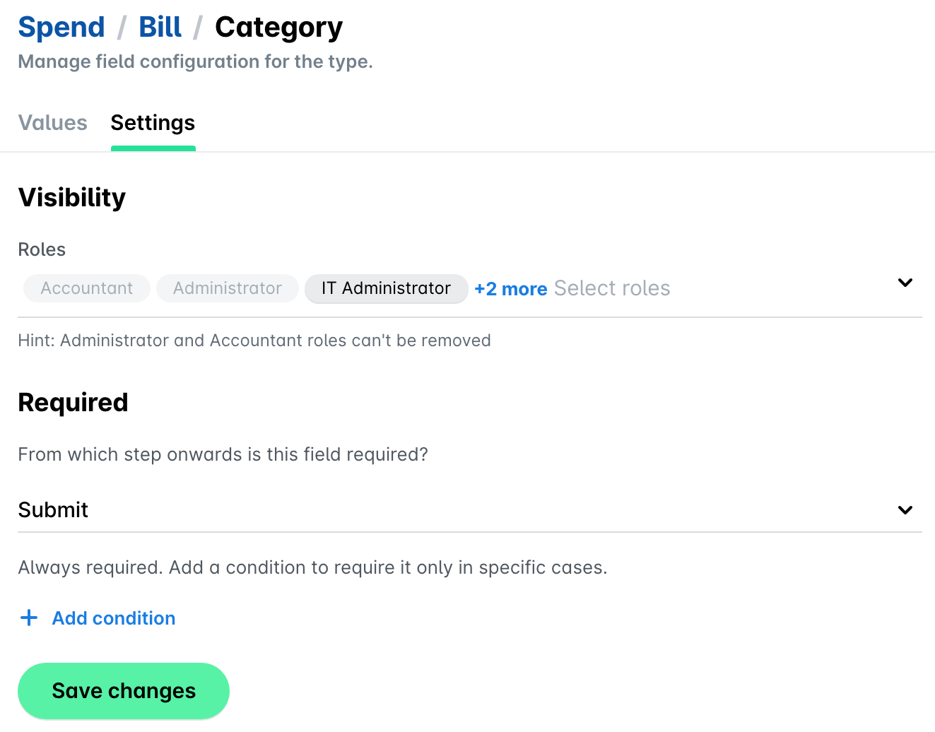 Category field settings under Spend > Bill with the roles that can see the field, including IT Administrator.