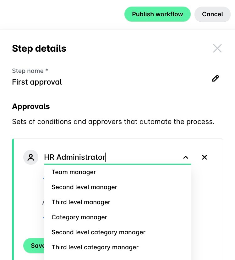 Step details panel of an approval workflow with a custom role selected as the approver.