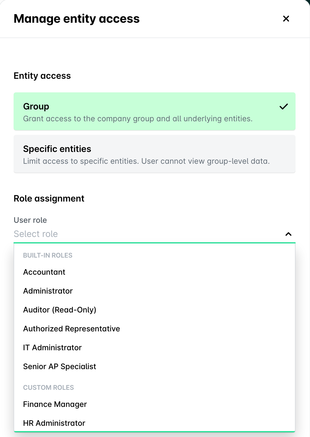 Manage entity access panel with the User role list showing built-in and custom roles.