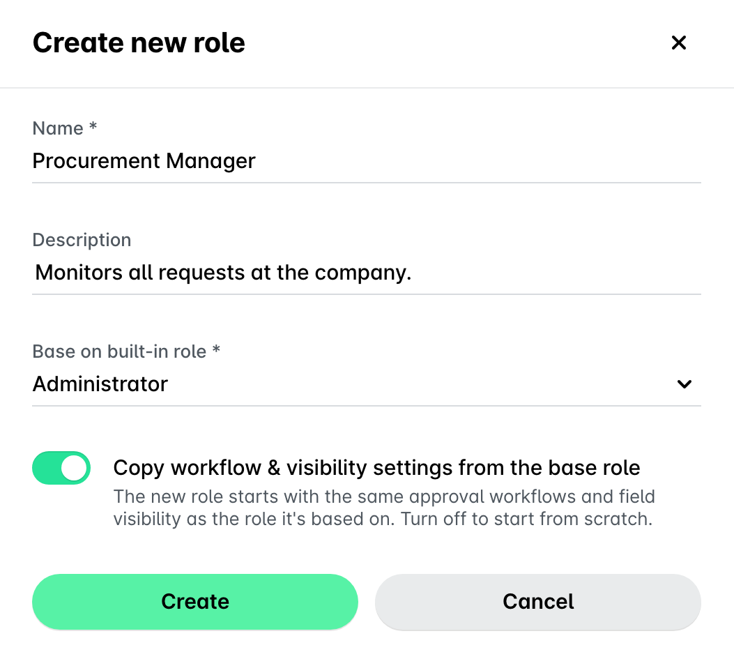 Create new role panel with a name, description, base built-in role and the Copy workflow & visibility settings toggle.
