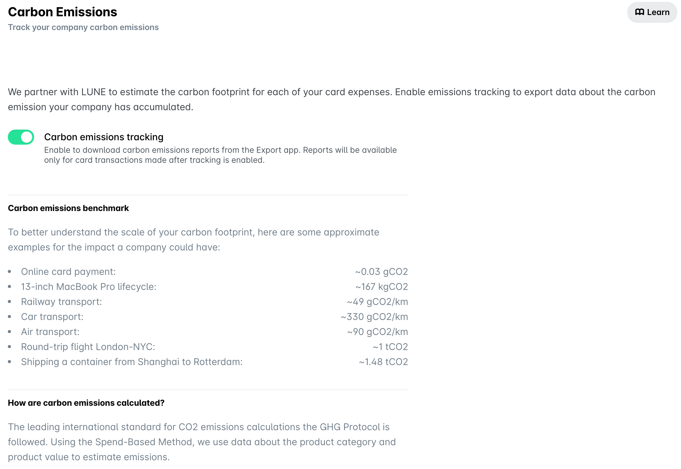 Carbon Emissions page in Settings with the Carbon emissions tracking toggle switched on.