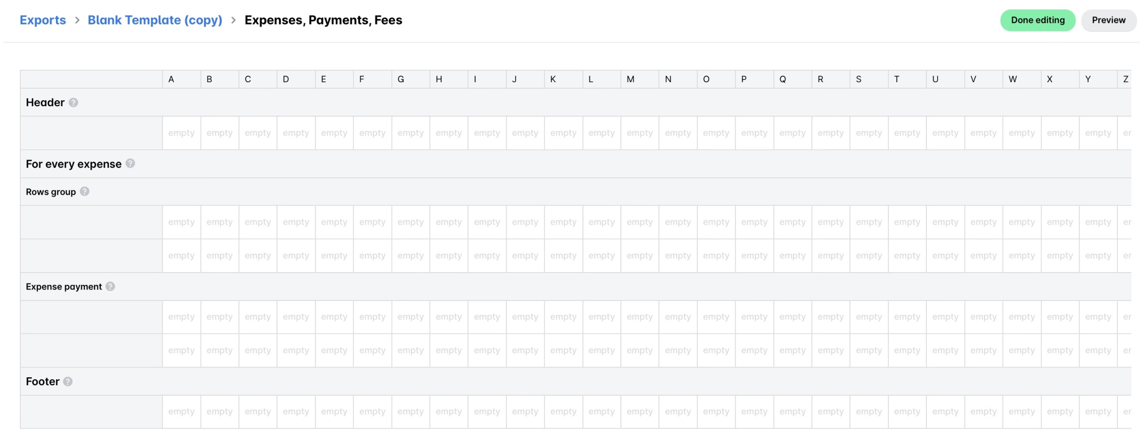 Blank export template sheet with the Header, Rows group, Expense payment and Footer cells.