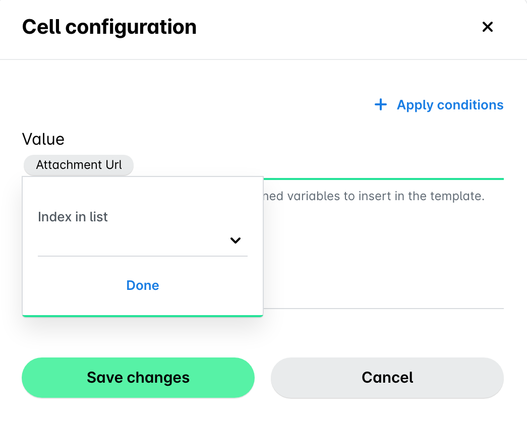 Paramètre d'index dans la liste pour la valeur URL de la pièce jointe dans le panneau Configuration de la cellule.