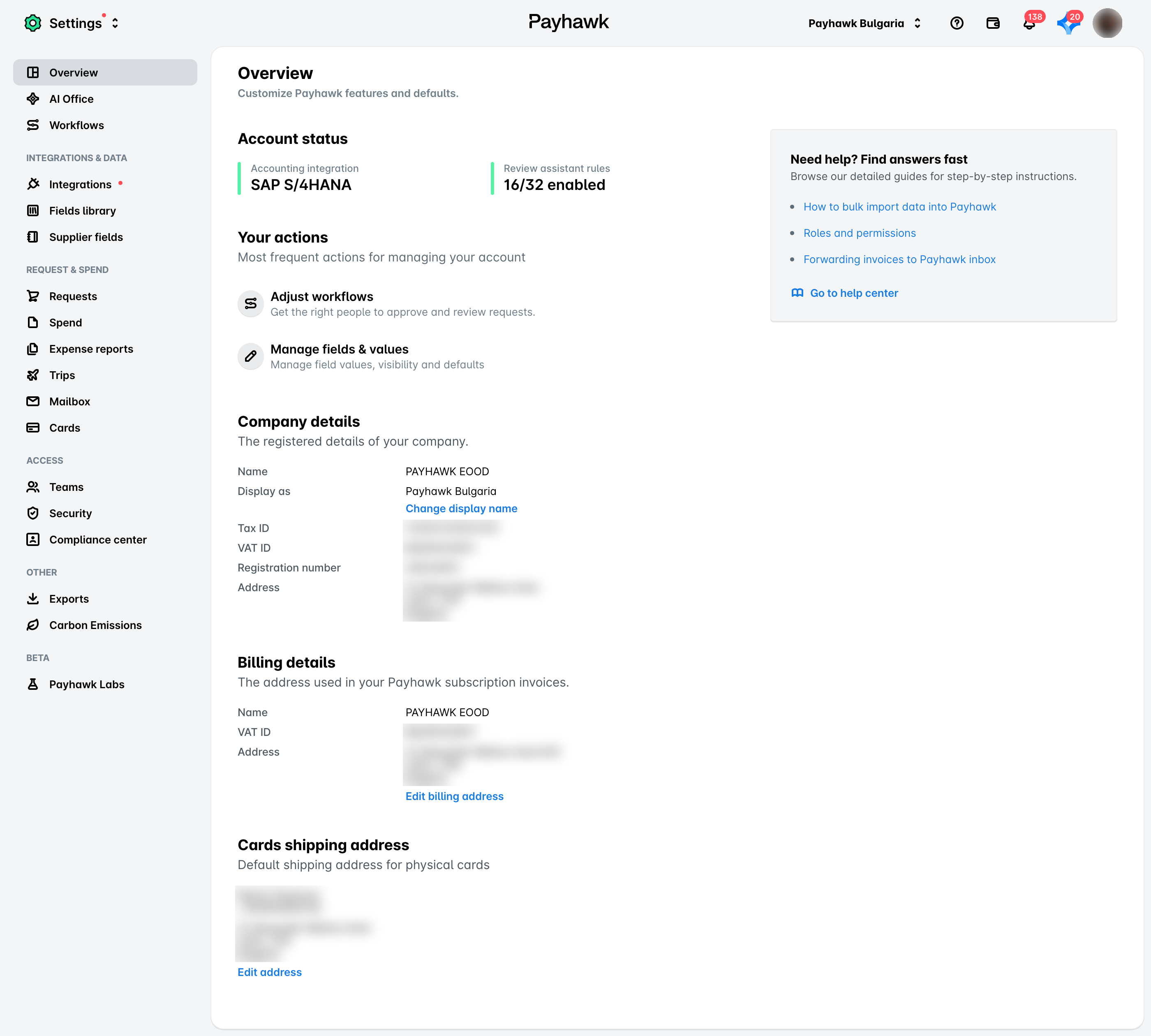 Die Seite Übersicht in Einstellungen mit Status des Kontos, Ihre Aktionen, Angaben zum Unternehmen, Abrechnungsdetails und Lieferadresse der Karten.