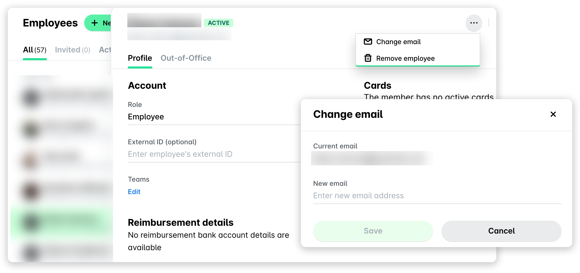 Change email option in the three-dot menu of an employee's record and the Change email panel.