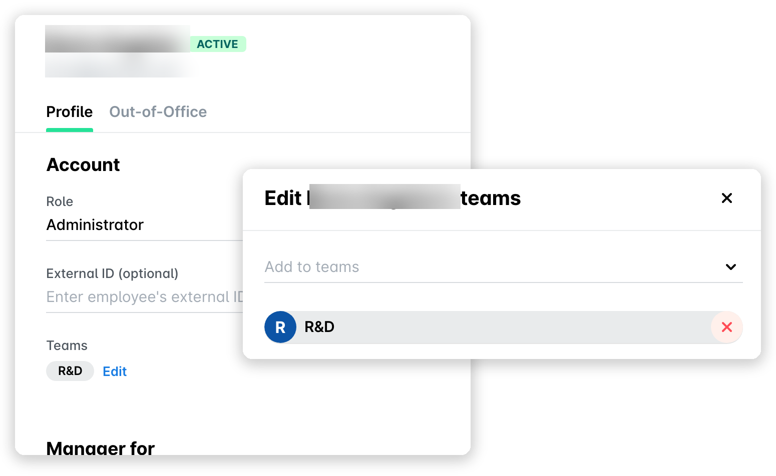 Teams section of an employee's record and the panel for editing their teams.