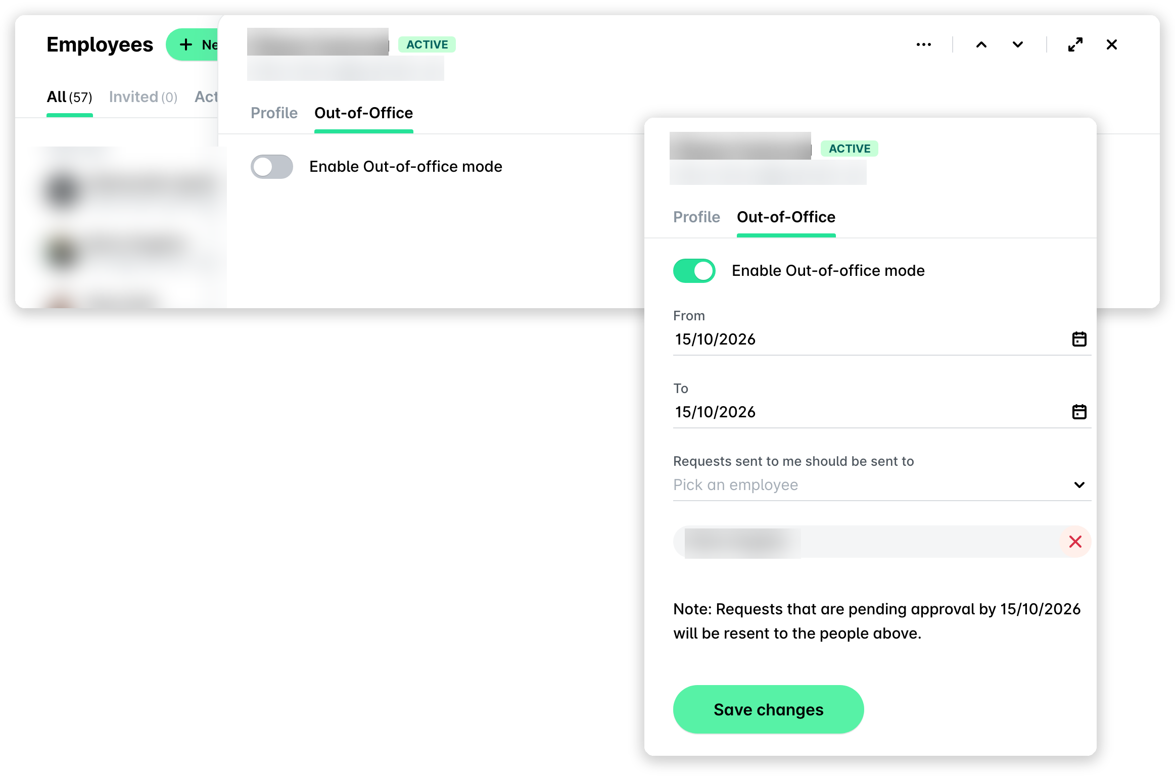 Out-of-Office tab with the toggle off, and turned on with the period, the teammate and Save changes.