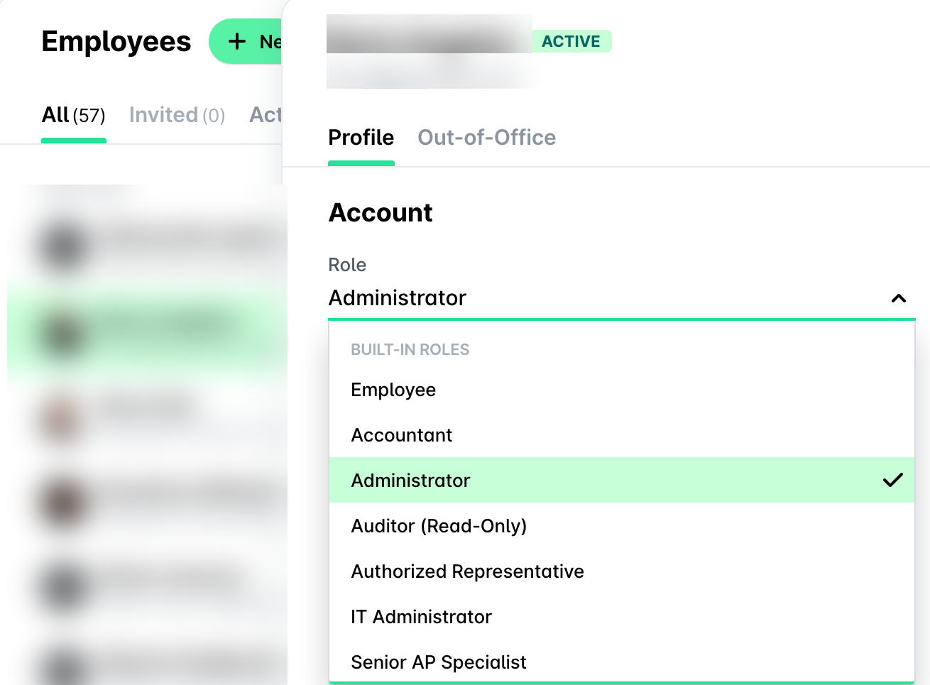 Role drop-down on the Profile tab of an employee's record.