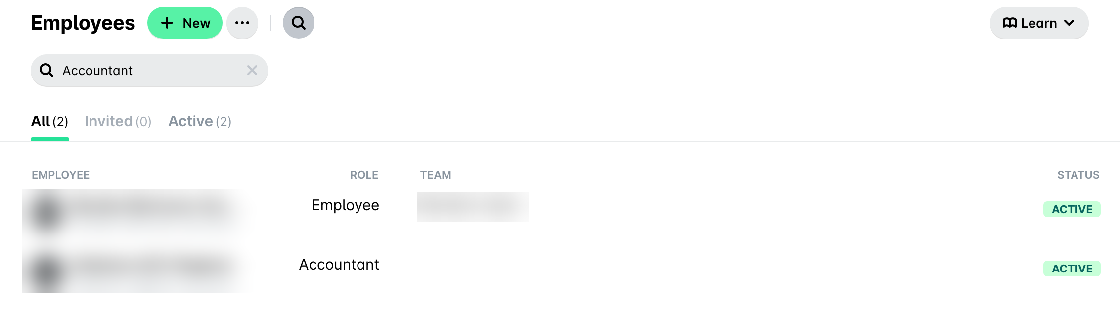 Employees list searched by the Accountant role.
