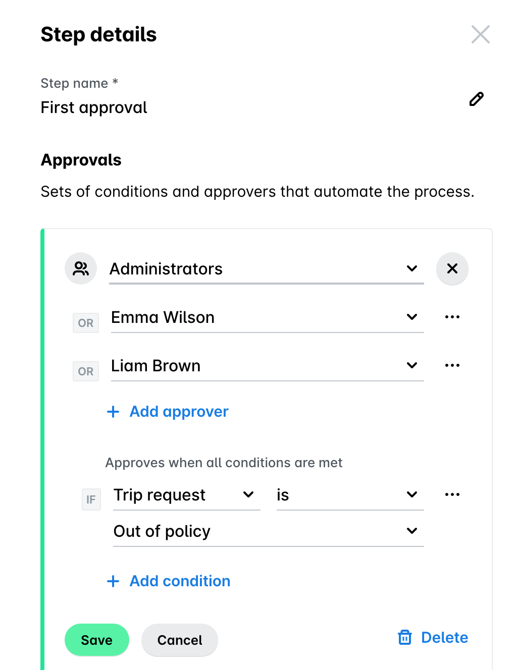 Approve step conditions for a trip request in the Trips workflow builder