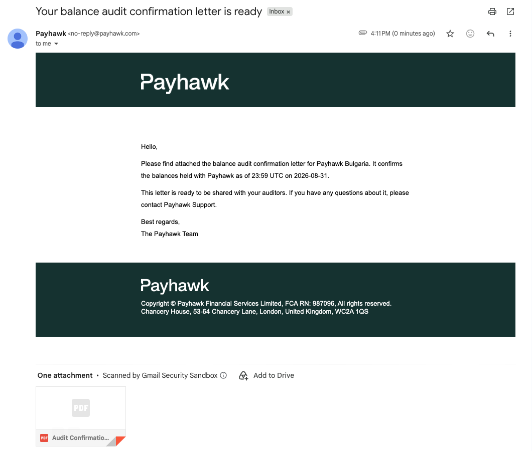 The email from Payhawk with the subject Your balance audit confirmation letter is ready and the letter attached as a PDF.