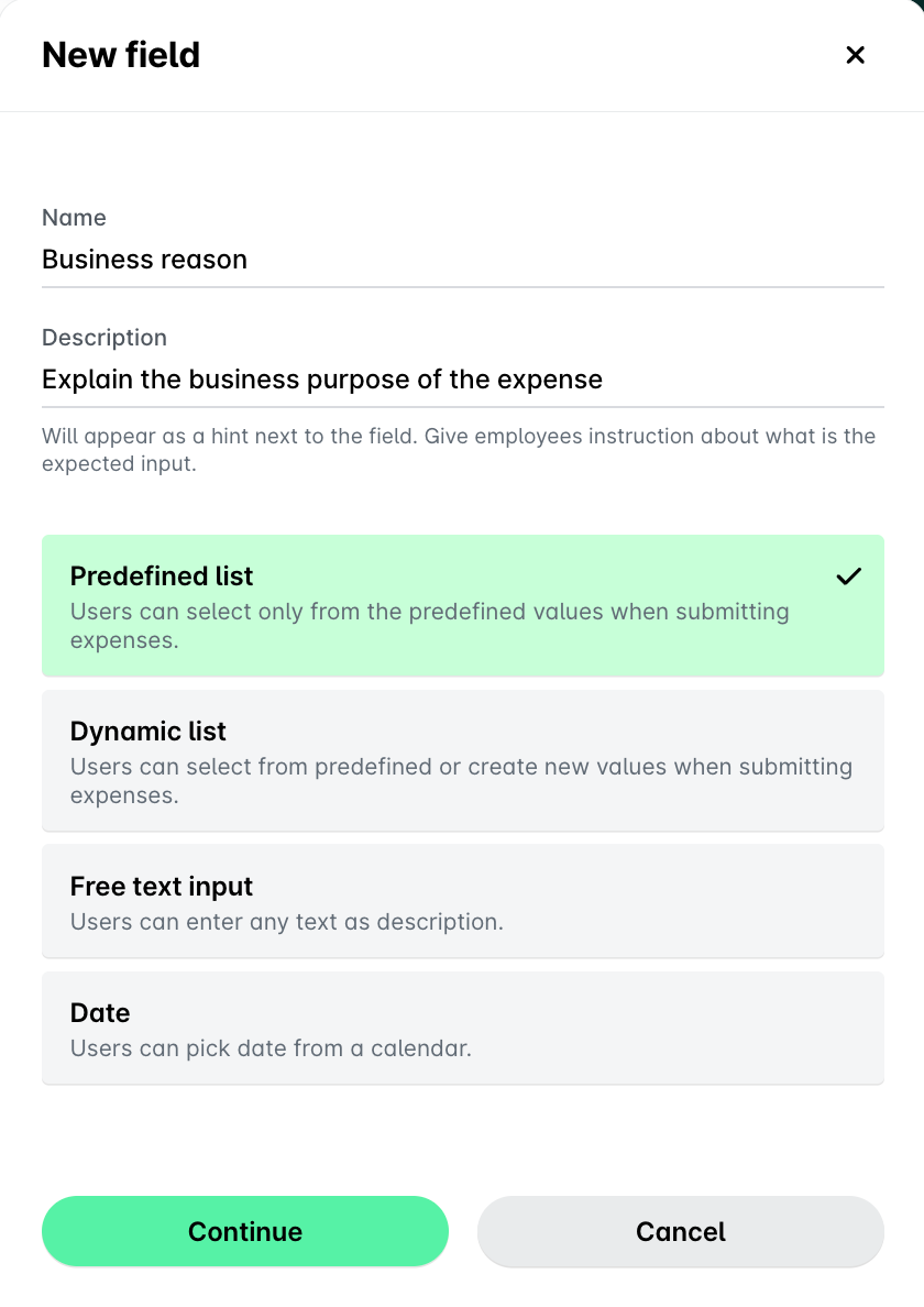 New field panel with a name and description entered and the Predefined list type selected.