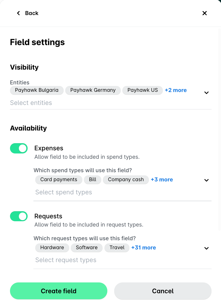 Field settings panel with the entities that use the field and the spend and request types it is available in.