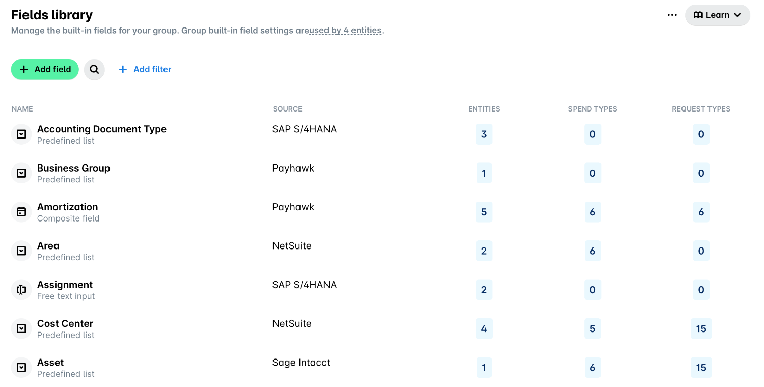 Group Fields library with each field's source and the number of entities, spend types and request types that use it.