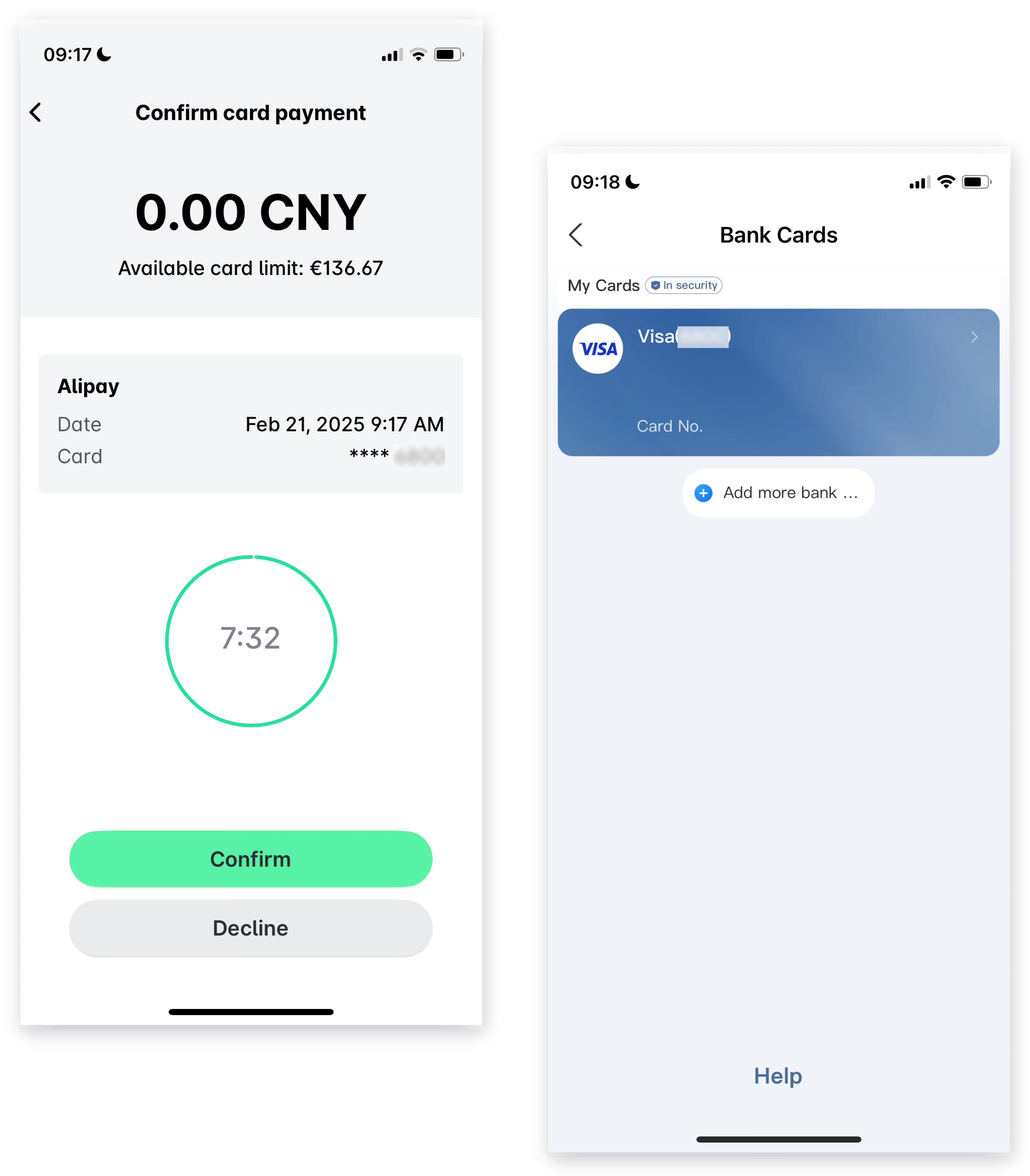 Confirm card payment screen in the Payhawk Mobile App and the Bank Cards screen in Alipay.