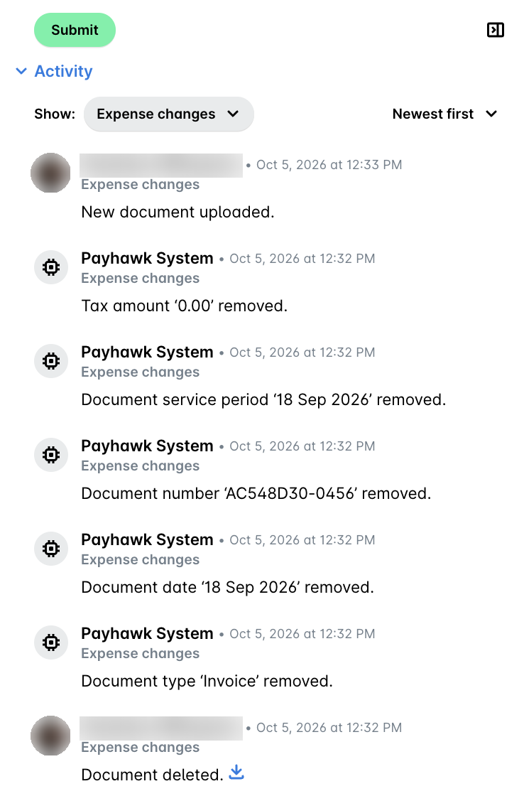 Expense activity log filtered by Expense changes, with the Document deleted entry and its blue download button.