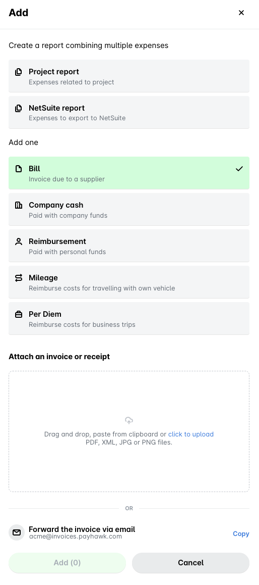 Add dialog with Bill selected and the Attach an invoice or receipt area for dragging and dropping, pasting or uploading files, with the option to forward the invoice via email below.