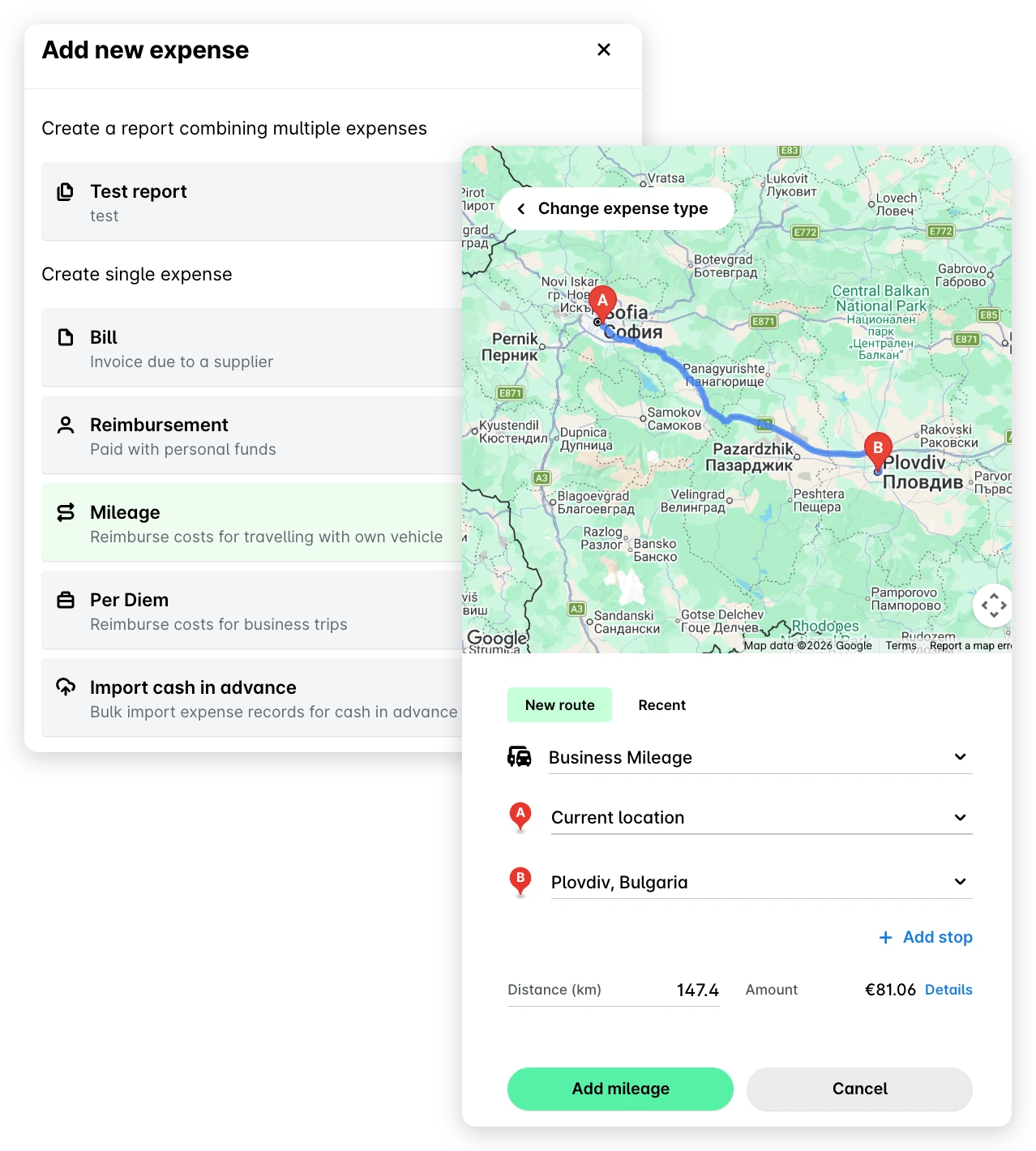 Add new expense panel with Mileage selected, overlapped by the mileage form with a route from Sofia to Plovdiv and the Add mileage button.