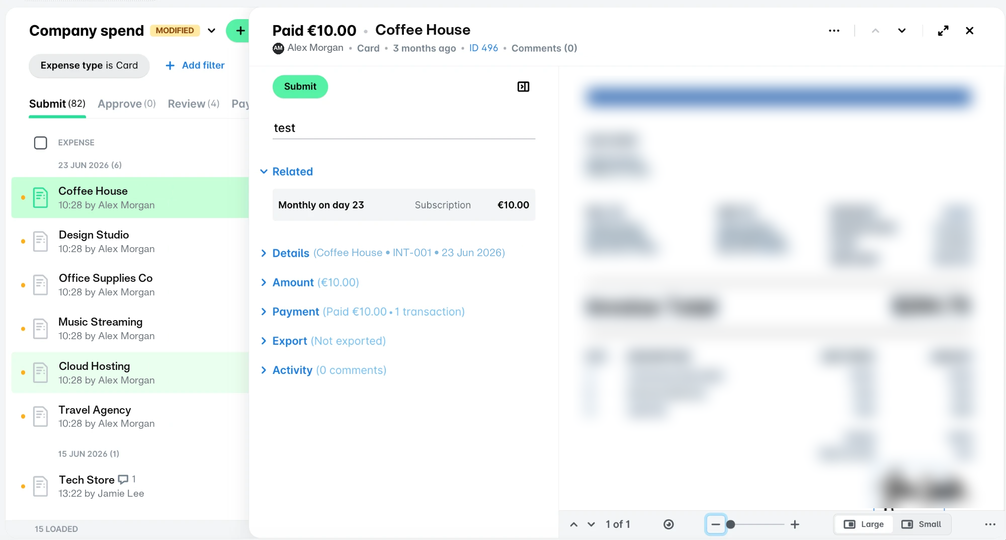 Card expense opened from the Submit tab in Spend, with the Submit button and the invoice shown next to the expense details.