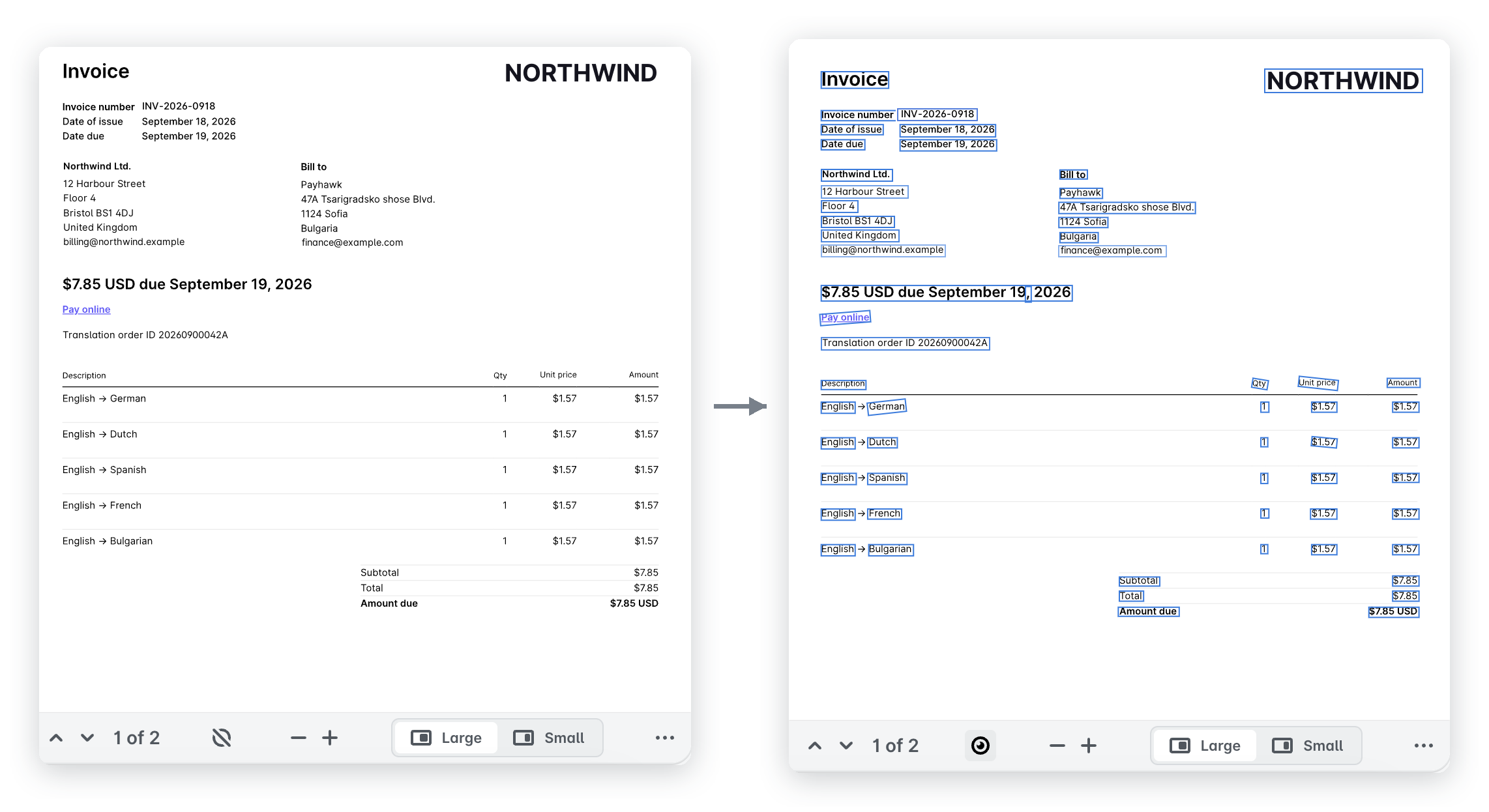 The same invoice in the document viewer with computer vision off, then on, with the scanned fields outlined in blue.