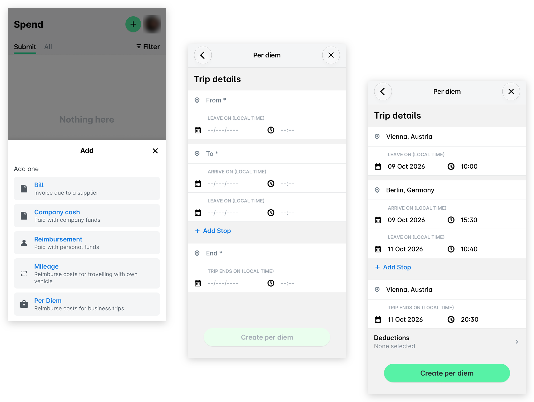 Three Payhawk Mobile App screens: the Add menu in Spend with Per Diem, the empty Per diem trip details form, and the completed trip with the Deductions field and the Create per diem button.