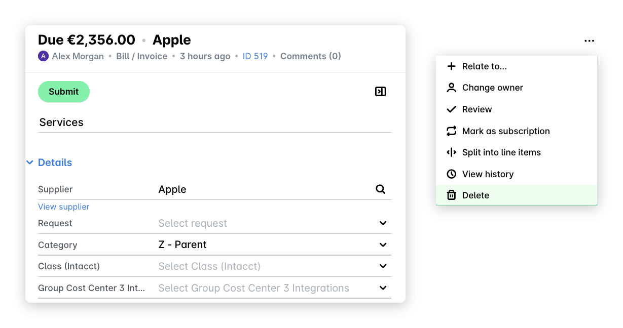 Unsubmitted bill record with editable details, next to its three-dot menu with the Delete option highlighted.