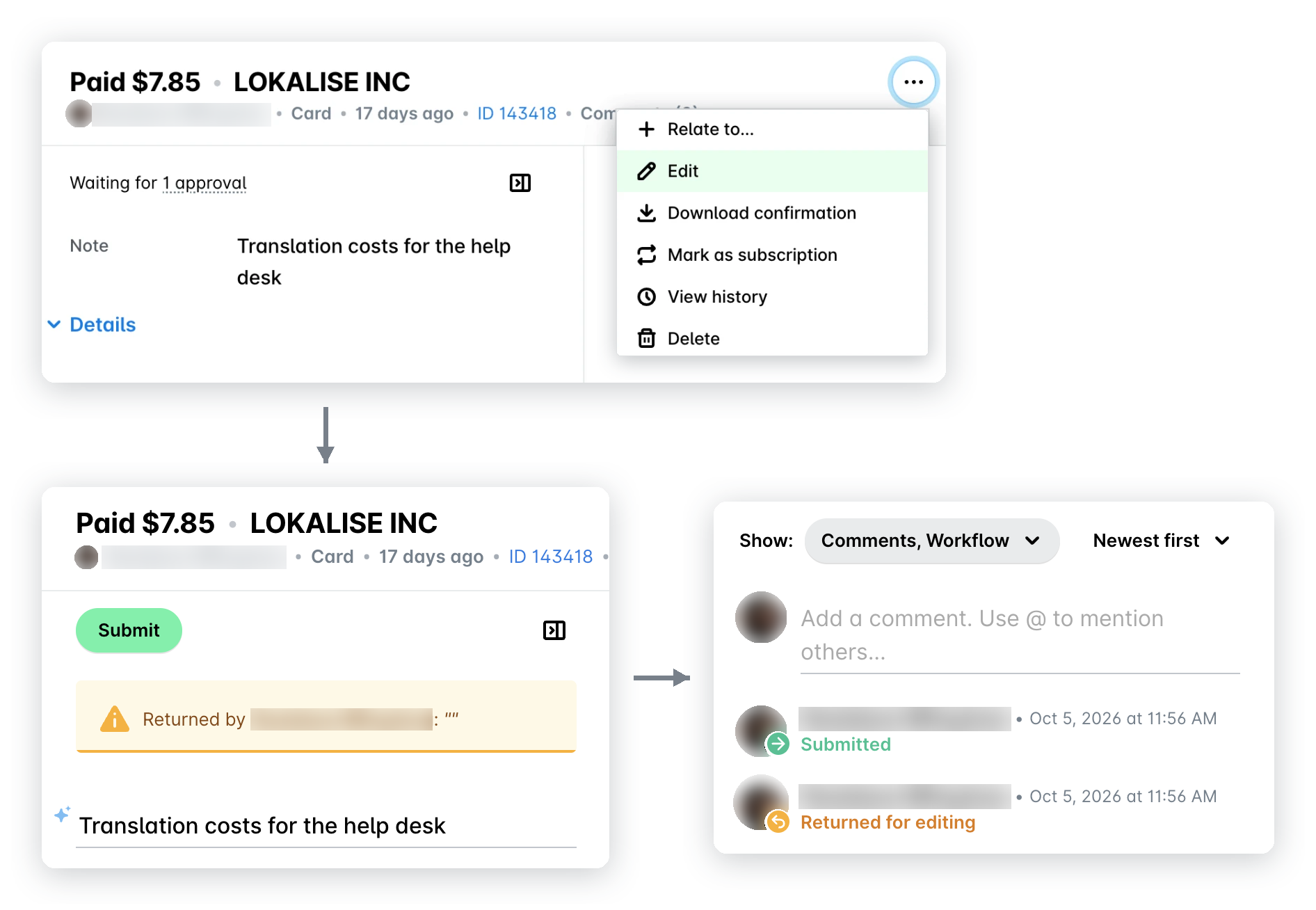 Expense with the three-dot menu open and Edit highlighted, the returned expense with the Submit button, and its activity log showing Returned for editing and Submitted.